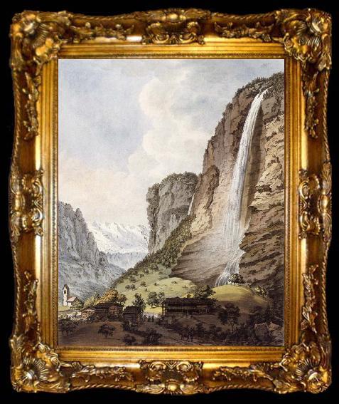 framed  Johann Ludwig Aberli Fall d-eau apellee Staubbach in the Vallee Louterbrunen, ta009-2